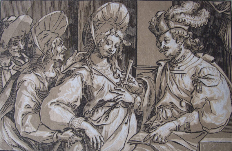 Ludolph Büsinck | Die Kupplerin, um 1623-1630, Chiaroscuro-Holzschnitt in schwarz, olivgrün und ocker, 22,1 x 34,2 cm