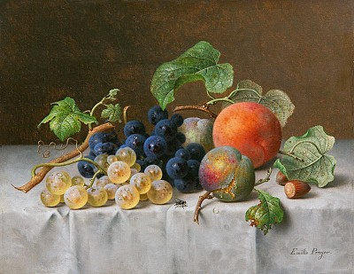 Emilie Preyer (1849-1930) | Stillleben mit Trauben, Reineclauden, Pfirsich und Haselnüssen, o.J. Öl auf Leinwand, 23 x 29 cm