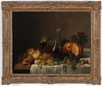 Helen Searle (1834–1884) | Stillleben mit Früchten, Glaskanne und Kürbis, 1872 Öl auf Leinwand, 45 x 56,2 cm, erworben 2020