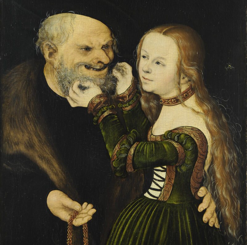 Lucas Cranach the Elder (and workshop), The Ill-matched Pair, about 1530, 38.8 x 25.7 cm, painting on beech, Düsseldorf, Kunstpalast, on permanent loan from the collection of the Kunstakademie Düsseldorf. Photo: Gunnar Heydenreich