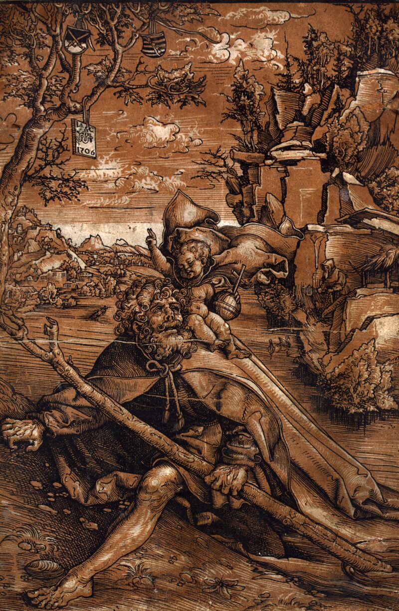 Lucas Cranach the Elder, Saint Christopher, about 1509, 28.1 x 19.4 cm, chiaroscuro woodcut, tone block printed in brown on laid paper, Düsseldorf, Kunstpalast, on permanent loan from the collection of Kunstakademie Düsseldorf. Photo: Kunstpalast - Horst Kolberg