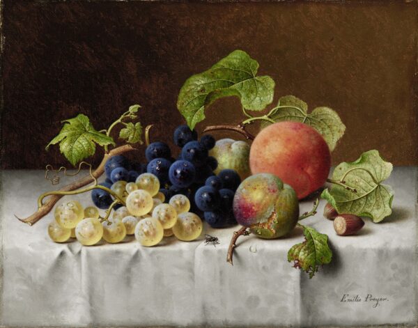 Emilie Preyer (1849-1930) Stillleben mit Trauben, Reineclauden, Pfirsich und Haselnüssen, o.J. 23 x 29 cm, Öl auf Leinwand © Düsseldorf, Kunstpalast Foto: Georg Paffrath