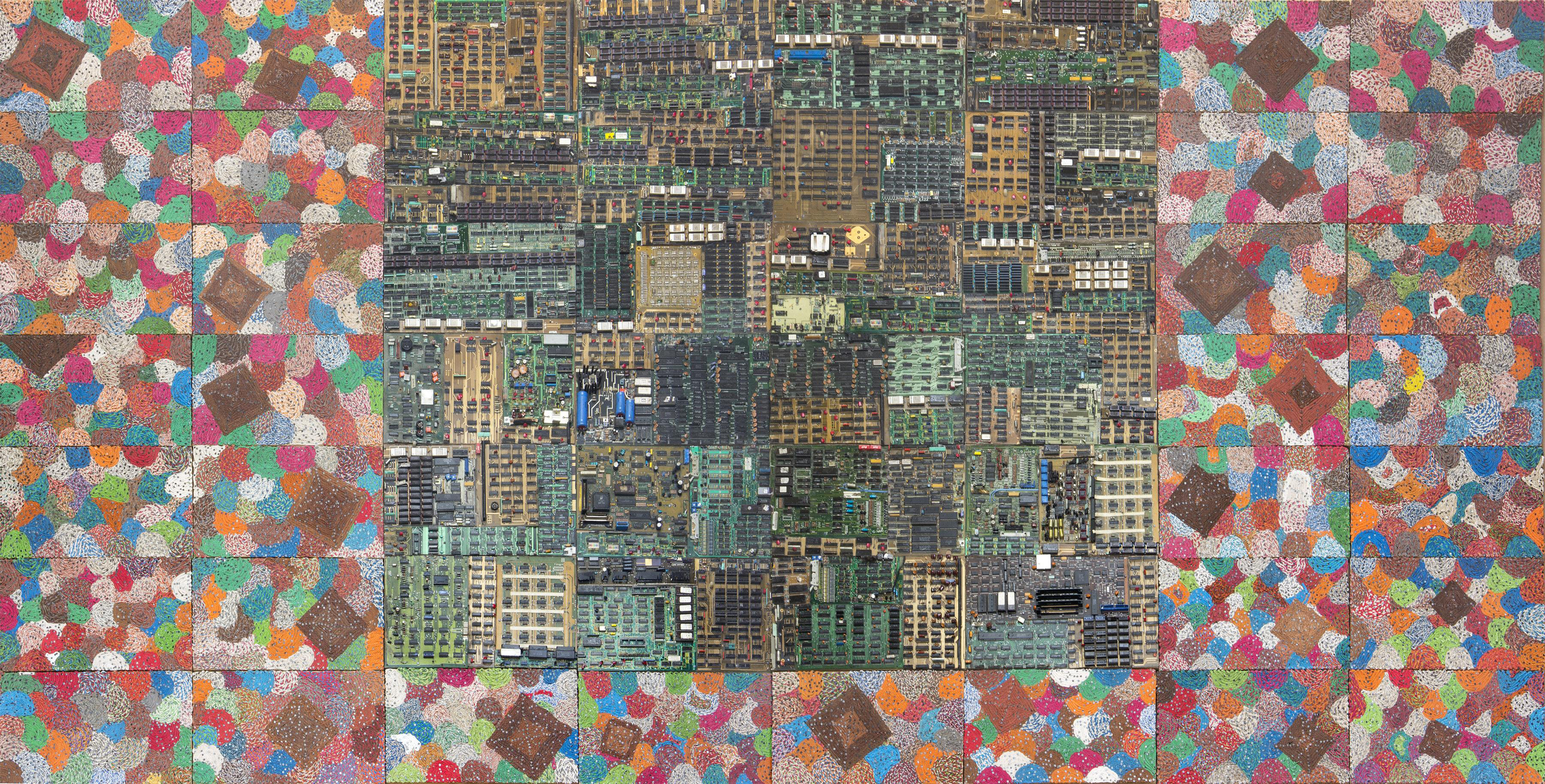 Tightrope: Behind the Flowers, 2017, (Detail), Wiederverwendete elektrische Drähte auf Holzplatte, 163 x 320 x 2 cm, GRIMM, Amsterdam | London | New York, Foto: Adam Reich, Courtesy des Künstlers und James Cohan, New York.