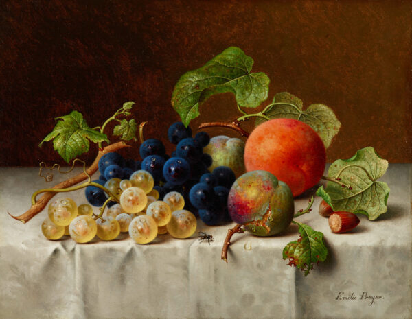 Emilie Preyer, Stillleben mit Trauben, Reineclauden,Pfirsich und Haselnüssen, ohne Jahr, Öl auf Leinwand, 23 x 29 cm, Kunstpalast, Düsseldorf, Foto:Kunstpalast - LVR-ZMB, Joshua Esters - ARTOTHEK