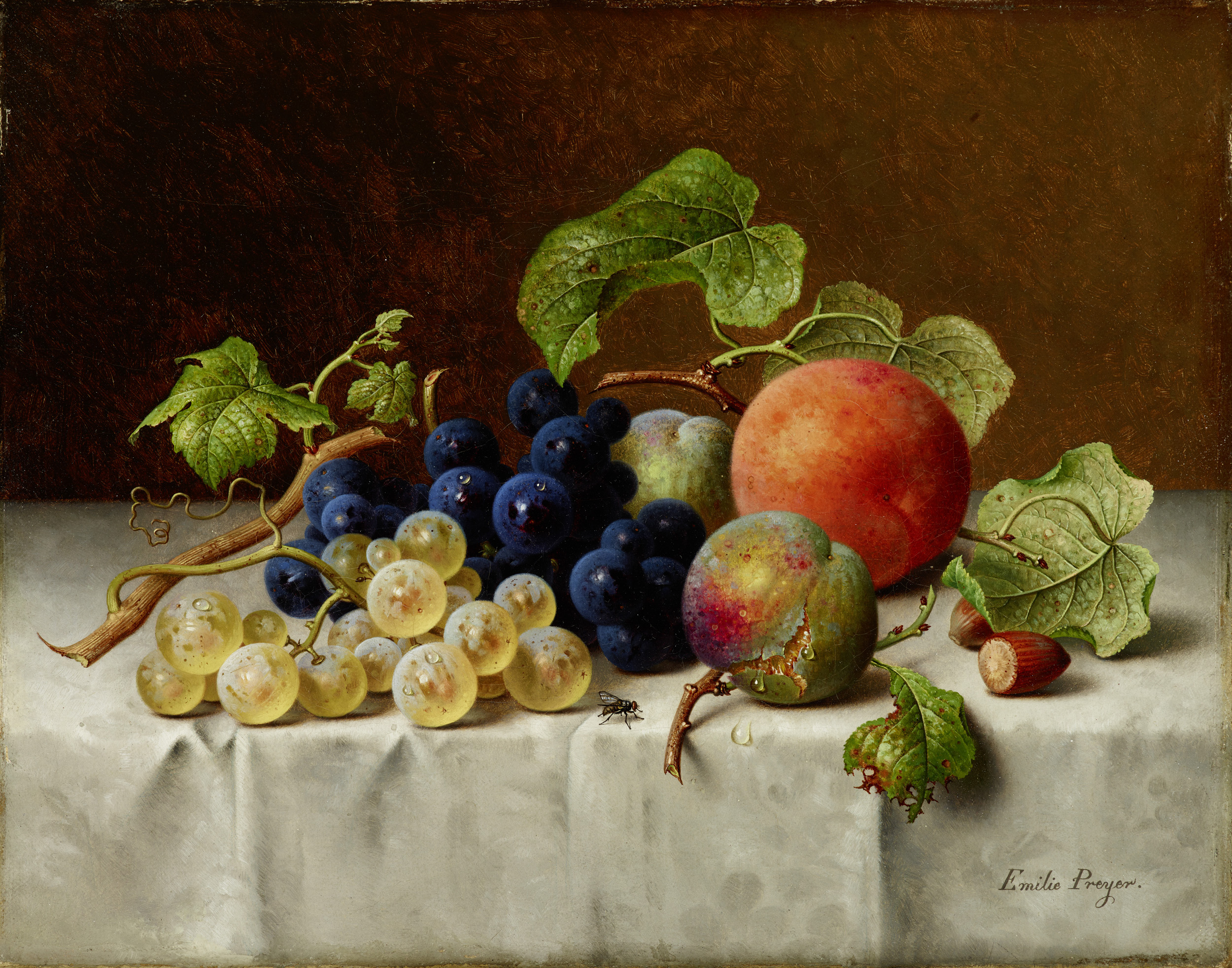 Emilie Preyer, Stillleben mit Trauben, Reineclauden,Pfirsich und Haselnüssen, ohne Jahr, Öl auf Leinwand, 23 x 29 cm, Kunstpalast, Düsseldorf, Foto:Kunstpalast – LVR-ZMB, Joshua Esters – ARTOTHEK