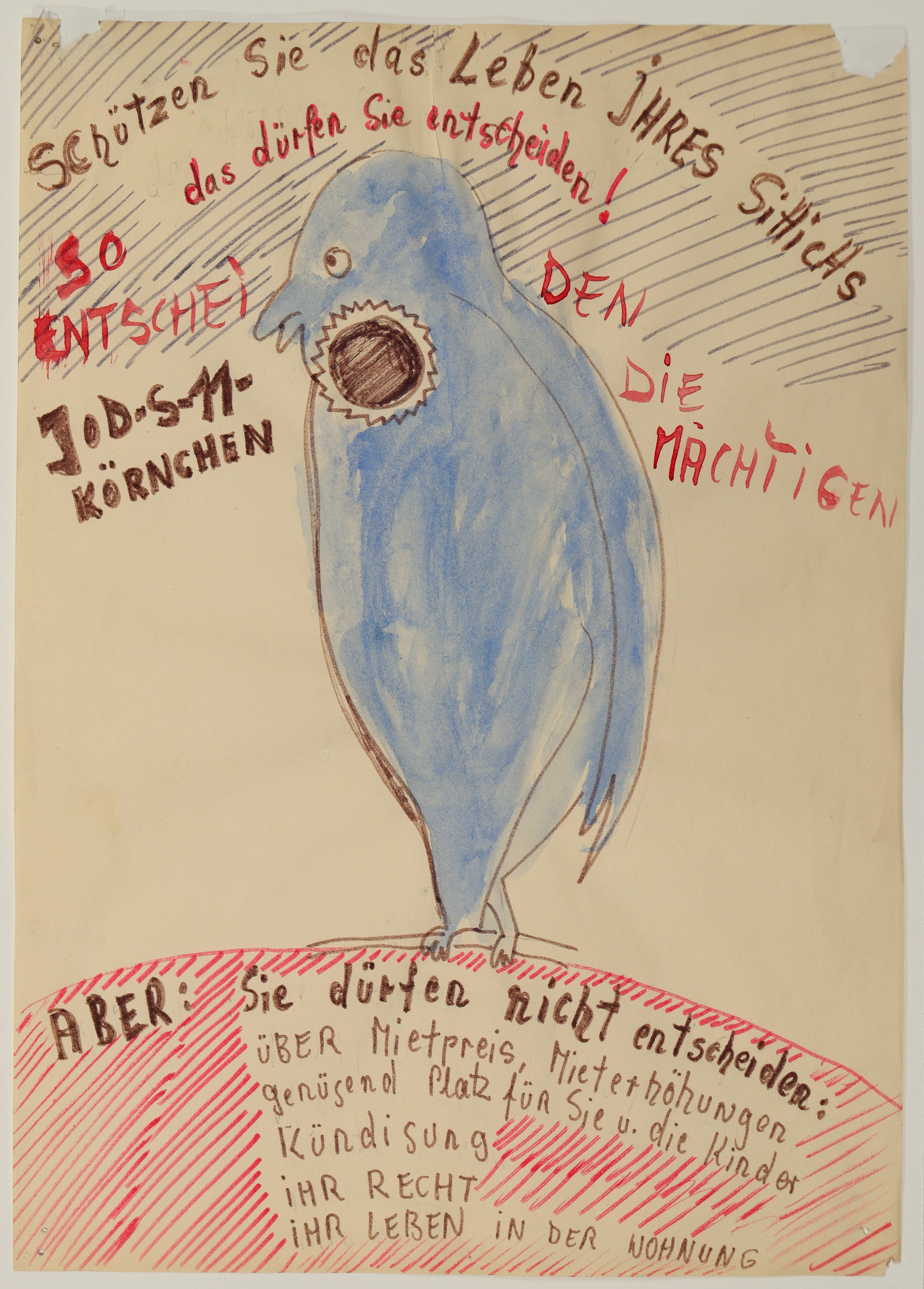 Chris Reinecke, Schützen Sie das Leben Ihres Sittichs, aus: Mietersolidarität, ca. 1970Filzstift, Aquarell, 29,5 x 21 cmKunstpalast, Düsseldorf, Schenkung der KünstlerinInv. Nr. mkp K 2023-23© Chris ReineckeFoto: Kunstpalast - LVR-ZMB - Annette Hiller