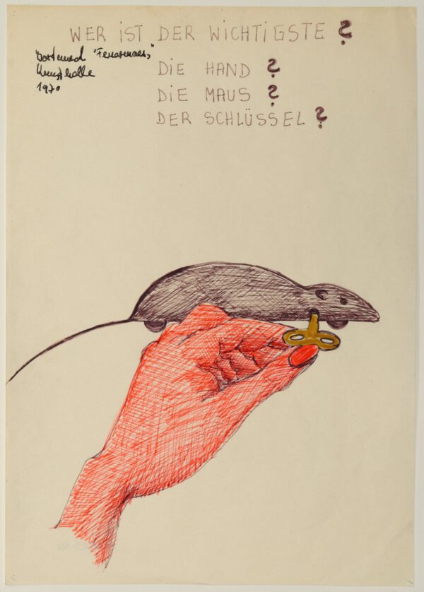 Chris Reinecke, Wer ist der Wichtigste? Die Hand? Die Maus? Der Schlüssel?, 1970, Filzstift, Tinte, 29,7 x 21 cm, Kunstpalast, Düsseldorf, Schenkung der Künstlerin,© Chris Reinecke, Foto: Kunstpalast - LVR-ZMB - Annette Hiller