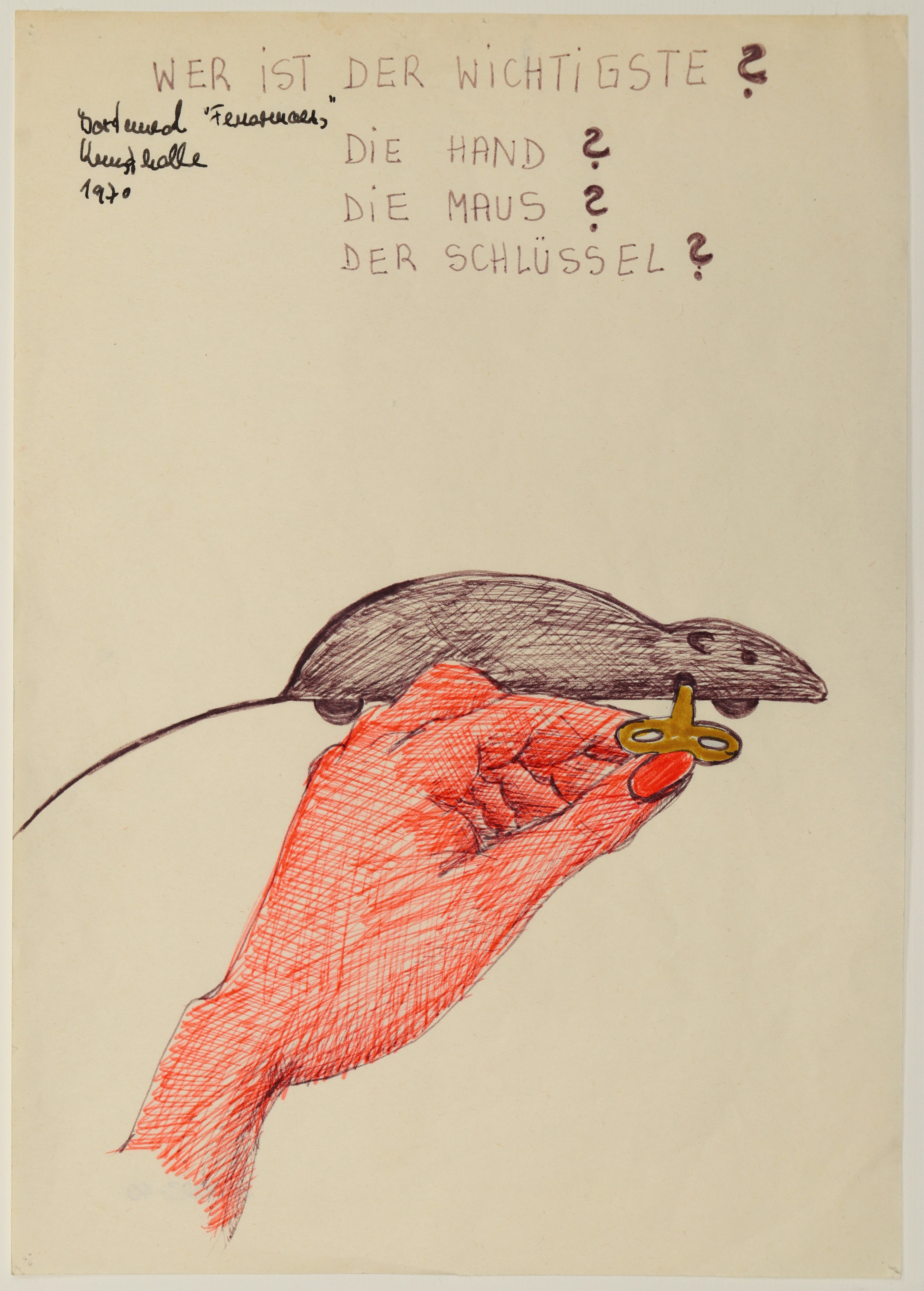 Chris Reinecke, Wer ist der Wichtigste? Die Hand? Die Maus? Der Schlüssel?, 1970, Filzstift, Tinte, 29,7 x 21 cm, Kunstpalast, Düsseldorf, Schenkung der Künstlerin,© Chris Reinecke, Foto: Kunstpalast - LVR-ZMB - Annette Hiller