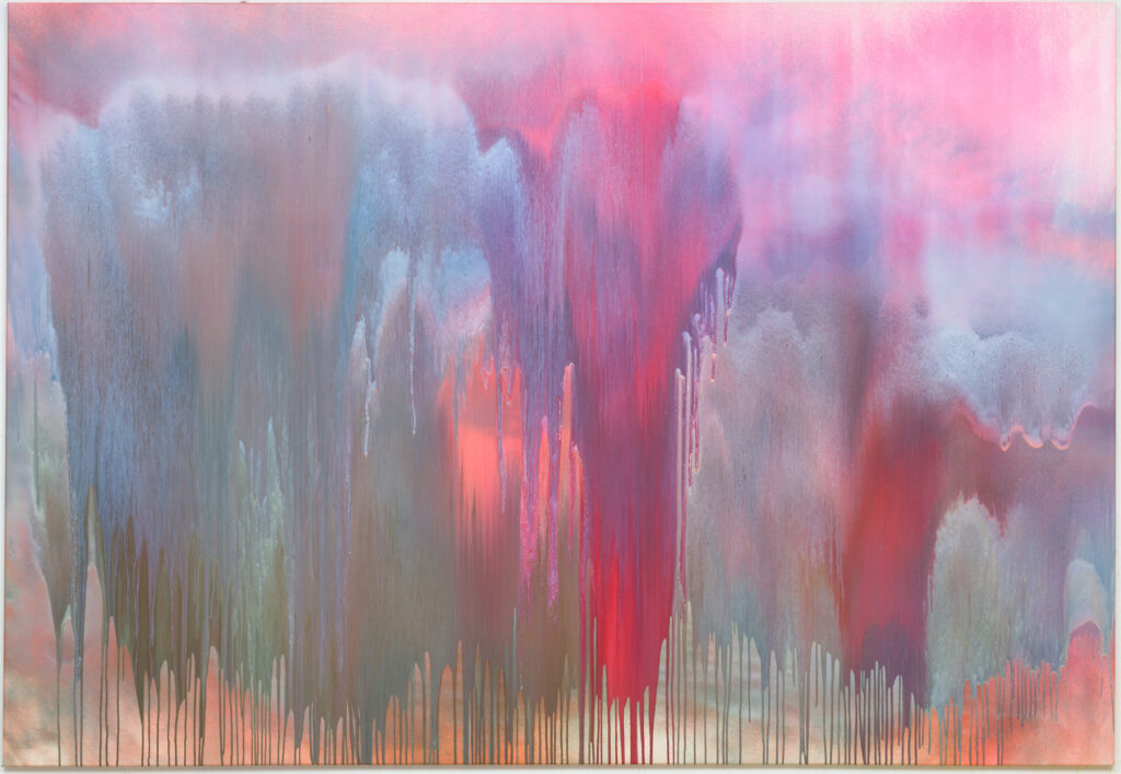 Abstraktes Gemälde mit tropfenden Pastelltönen in Rosa, Lila, Blau und Rot, die sich zu einem verträumten, atmosphärischen Effekt vermischen.