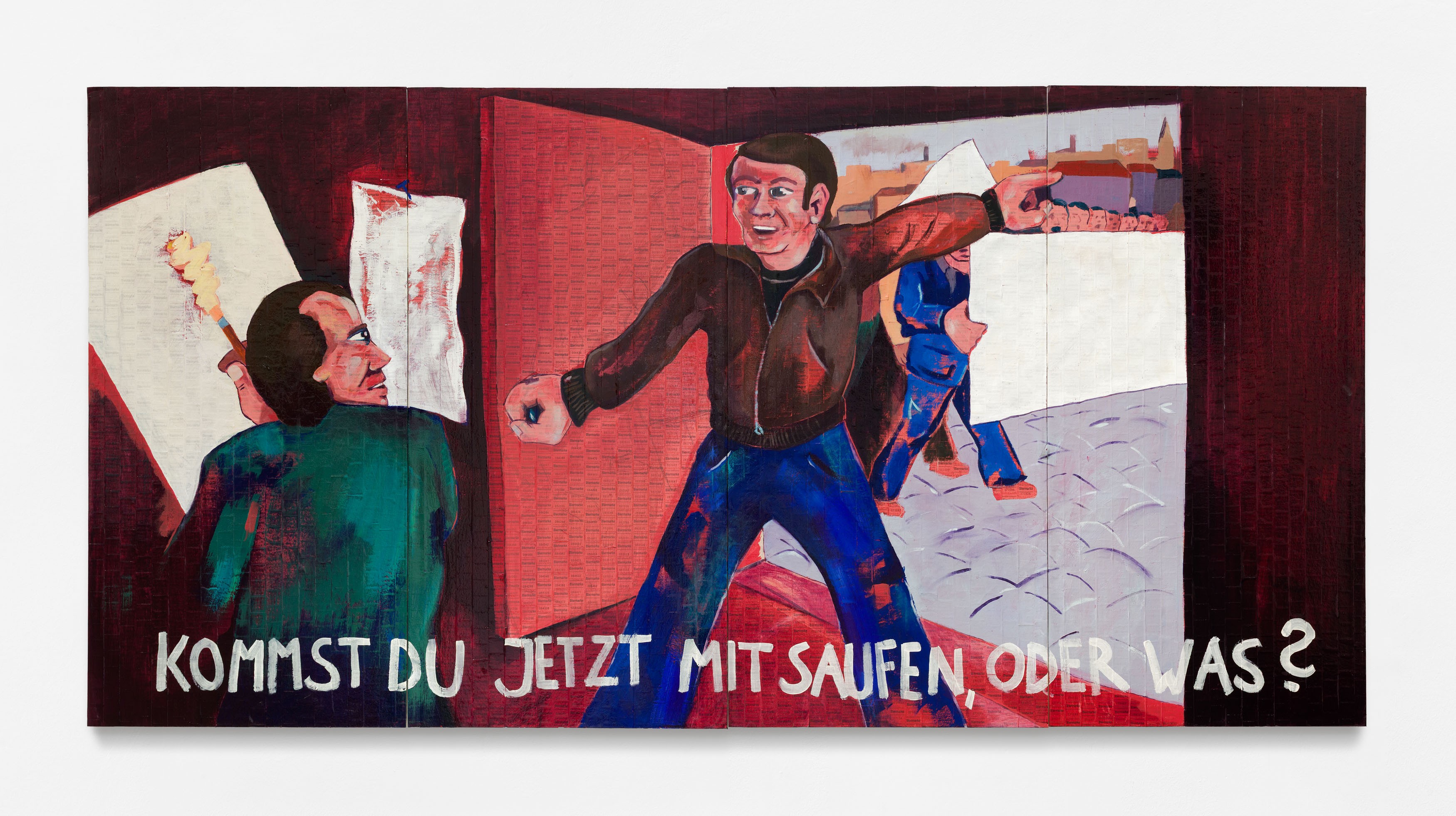 Jody Korbach, Kommst du jetzt mit Saufen, oder was?, 2025, Oil on token on plaster board, varnish, 120 × 240 cm, Photo: Johannes Bendzulla, Courtesy of the artist and MARTINETZ, Cologne, VG Bildkunst