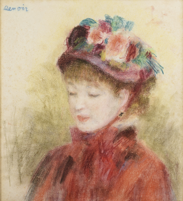 Pierre-Auguste Renoir, Junge Frau mit Blumenhut, 1877-1879, Pastellkreiden auf Papier, 48×43 © The Scharf Collection, Foto: Ruland Photodesign