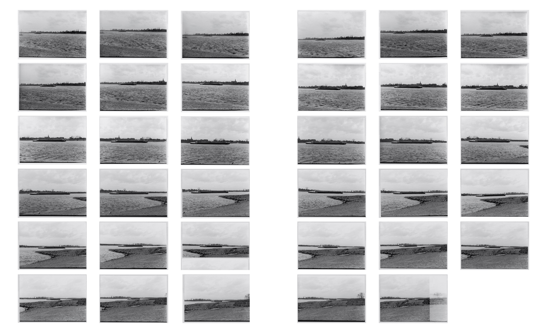 Hans-Peter Feldmann, Schiff auf dem Rhein, 1972, 35 Silbergelatineabzüge, je 10 x 15, Kunstpalast, Düsseldorf © VG Bild-Kunst, Bonn 2025