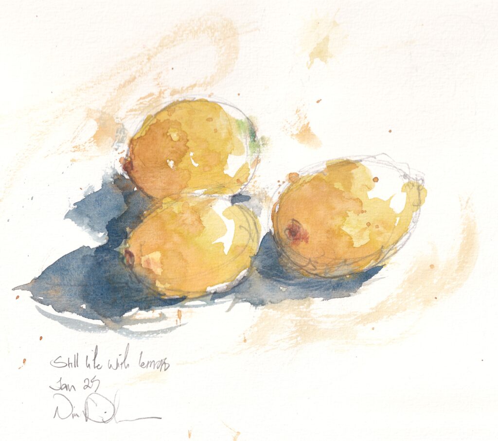 Lose Aquarellskizze von drei gelben Zitronen, die blaue Schatten auf weißes Papier werfen, mit einer handschriftlichen Notiz und Unterschrift darunter.