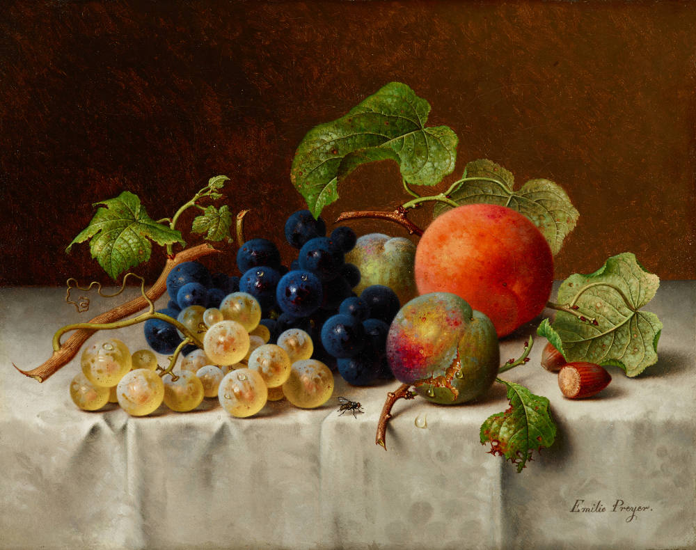 Emilie Preyer, Still Life with Grapes, Greengages, Peach and Hazelnuts, not dated