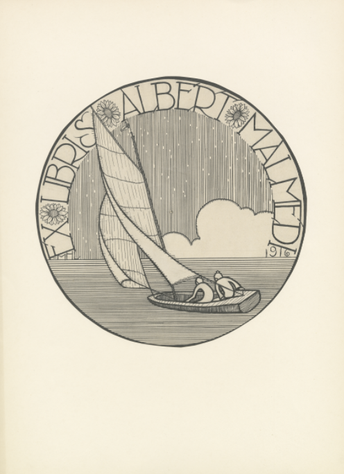Marga Klinckenberg, Entwurf für ein Exlibris von AlbertMalmedi[e], 1916, Tusche auf Papier, Ø 23 cm, Heinrich-Heine-Institut, Düsseldorf