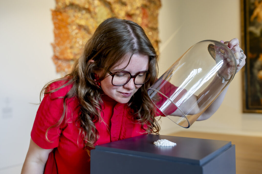 Eine Frau in einem roten Hemd untersucht kleine weiße Objekte unter einer Glaskuppel in einer Kunstgalerie.