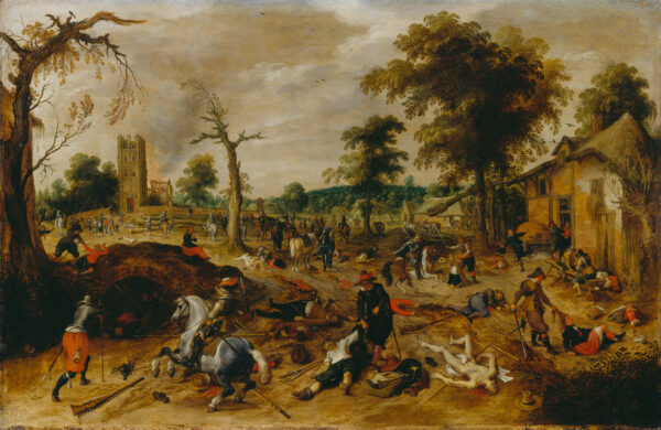 Sebastian Vrancx, Die Plünderung des Dorfes Wommelgem, 1615–1620, Öl auf Eichenholz, 55,6 × 85,4 cm, Kunstpalast, Foto © Kunstpalast – Horst Kolberg – ARTOTHEK