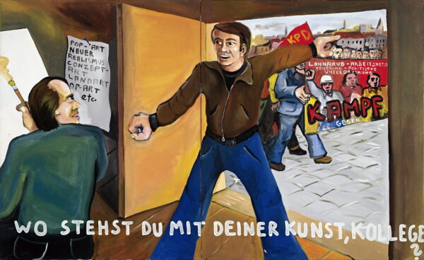 Jörg Immendorff, Wo stehst Du mit Deiner Kunst, Kollege?, 1973, Acryl auf Leinwand, 2-teilig, je 130 × 210 cm, Musée d’Art Moderne de la Ville de Paris, Foto: Farbanalyse, © VG Bild-Kunst, Bonn 2026