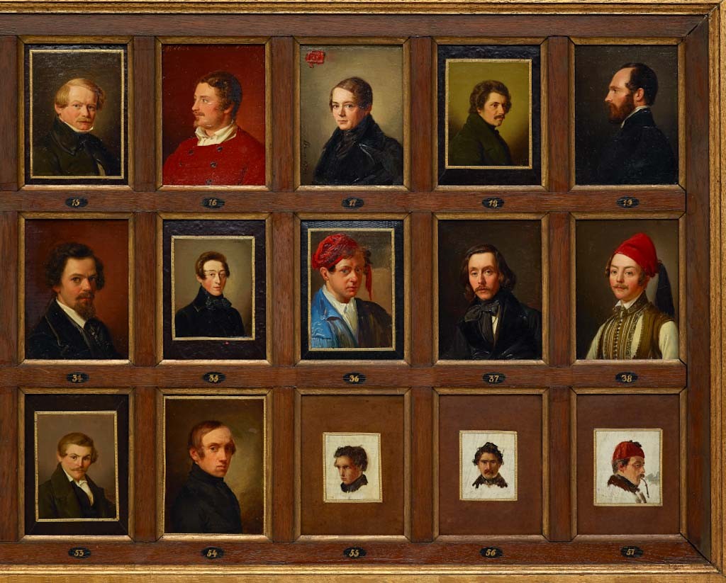 Ausschnitt: Friedrich Boser, Carl Clasen, Adolf Richter, Caspar Johann Nepomuk Scheuren u.a., Freundschaftsgalerie von 57 Einzelbildnissen der Düsseldorfer Malerschüler und ihren Freunden, 1835-1845, Öl auf Leinwand, 50 x 282 cm, Foto: Kunstpalast - LVR-ZMB, Annette Hiller