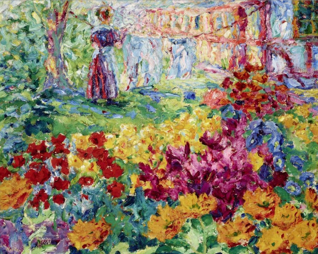 Bunter impressionistischer Garten mit leuchtenden Blumen im Vordergrund und einer Person, die in der Nähe eines Gebäudes im Hintergrund steht.