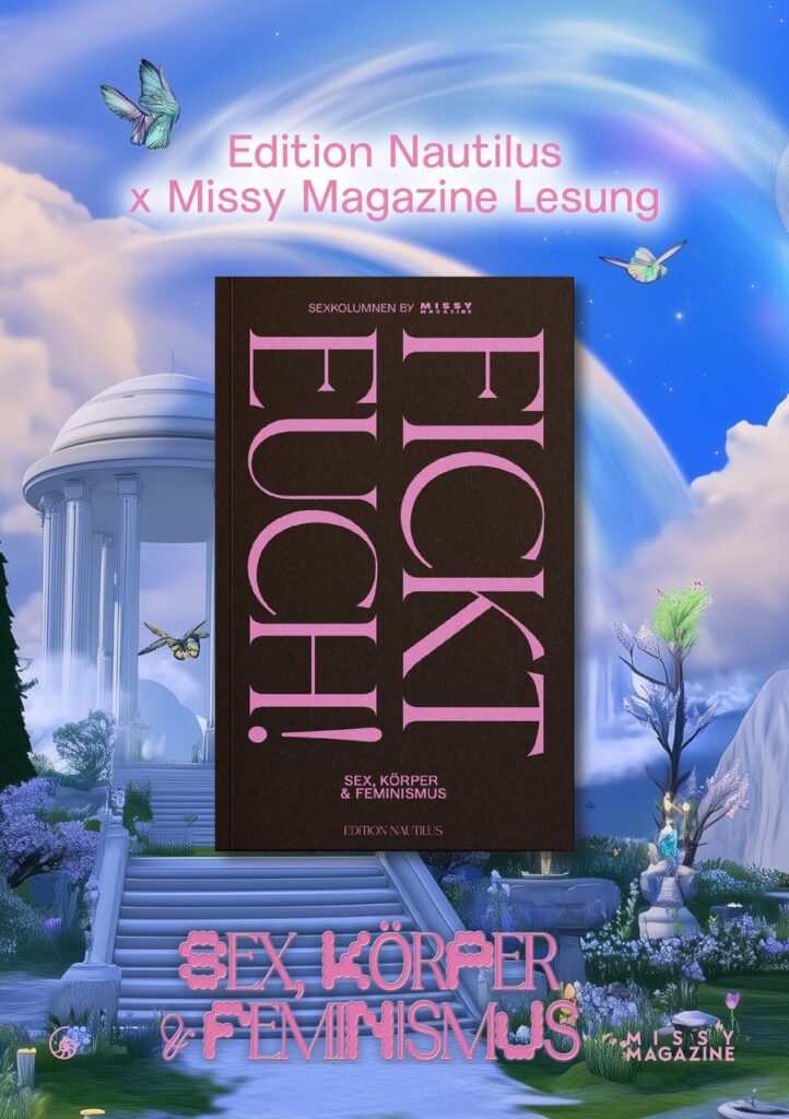 Ein Buch mit dem Titel Fickt Euch! steht in einem verträumten, pastellfarbenen Garten mit Säulen und Schmetterlingen und wirbt für eine Leseveranstaltung.