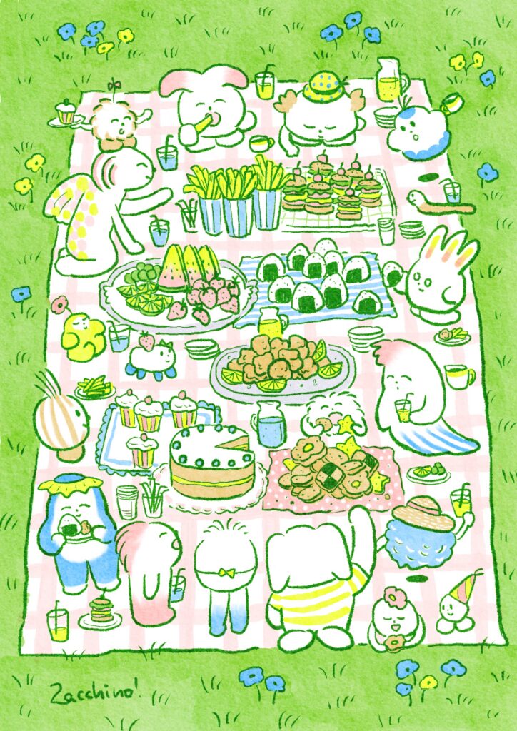 Zeichentricktiere machen auf einer rosa Decke ein Picknick mit Kuchen, Obst, belegten Broten und Getränken, umgeben von Gras und Blumen.