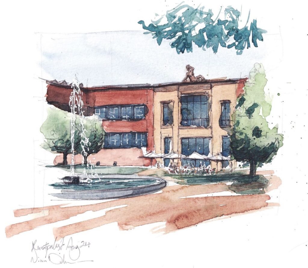 Aquarell eines rot-gelben Gebäudes mit großen Fenstern, Bäumen, einem Springbrunnen und Sitzgelegenheiten im Freien unter einem sonnigen Himmel.