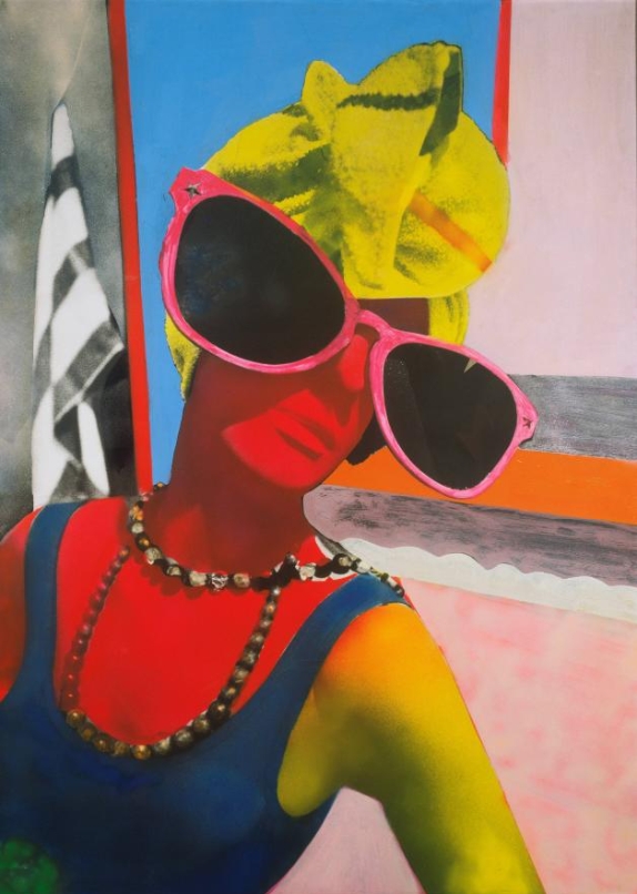 Martial Raysse, Am Strand, 1962, Acryl und Öl auf Siebdruck, montiert auf Pappe, 180 x 134 cm, Kunstpalast, Düsseldorf, Foto: Kunstpalast - ARTOTHEK Martial Raysse © VG Bild-Kunst, Bonn