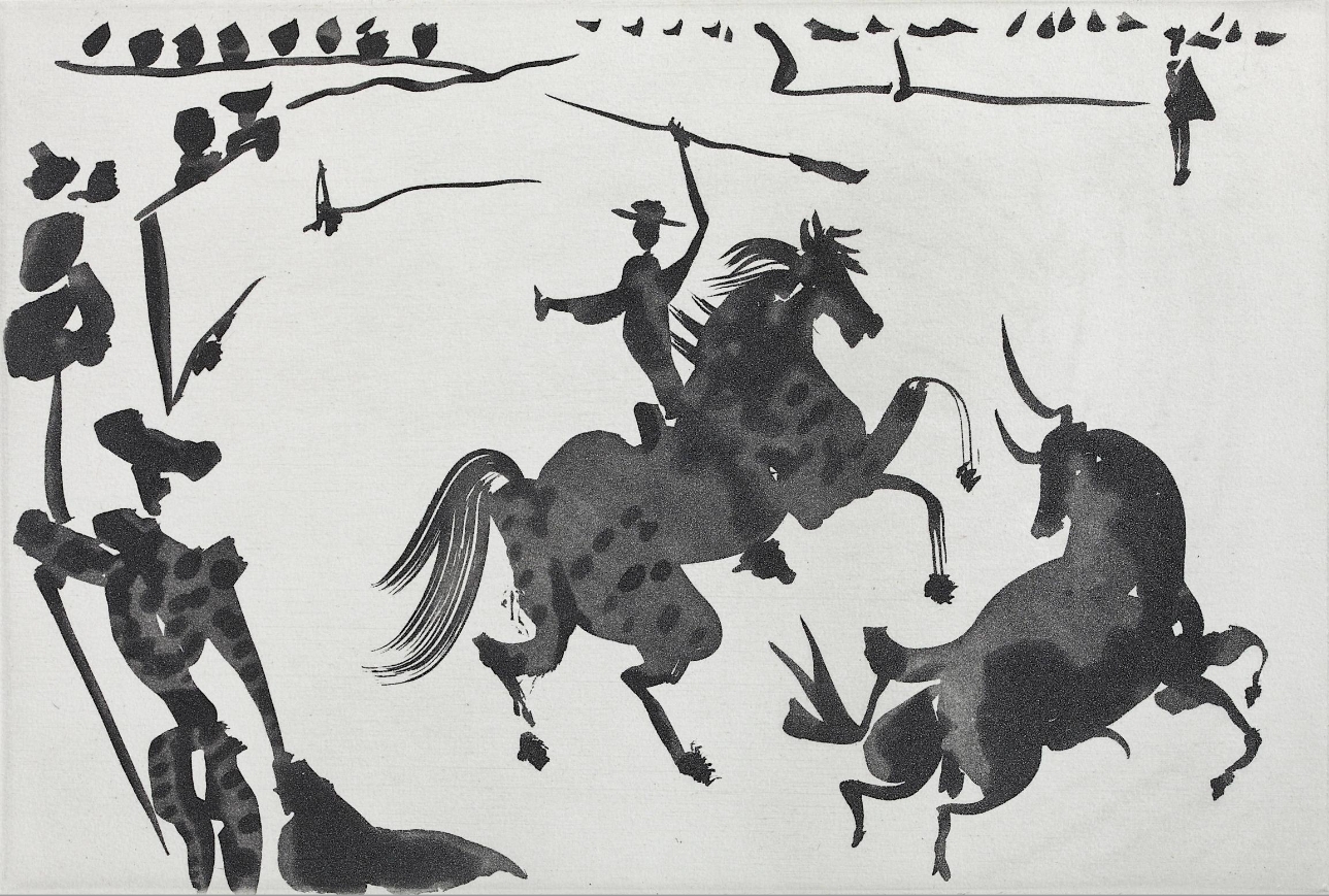 Pablo Picasso, Stierkamp zu Pferde, 1959, Aquatinta im Zuckeraussprengverfahren, 19,9 x 29,5 cm, Kunstpalast, Düsseldorf, Bild: Pablo Picasso, La Tauromaquia © Succession Picasso / VG Bild-Kunst, Bonn Foto: Kunstpalast - Horst Kolberg