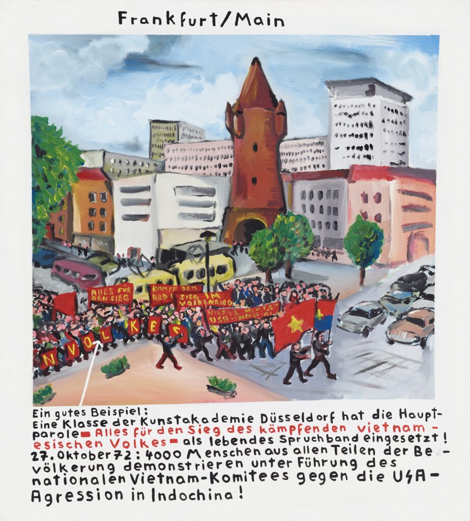 Eine Demonstration in Frankfurt am Main mit Transparenten, demonstrierenden Menschen und städtischen Gebäuden im Hintergrund. Ein deutscher Text beschreibt die Szene.