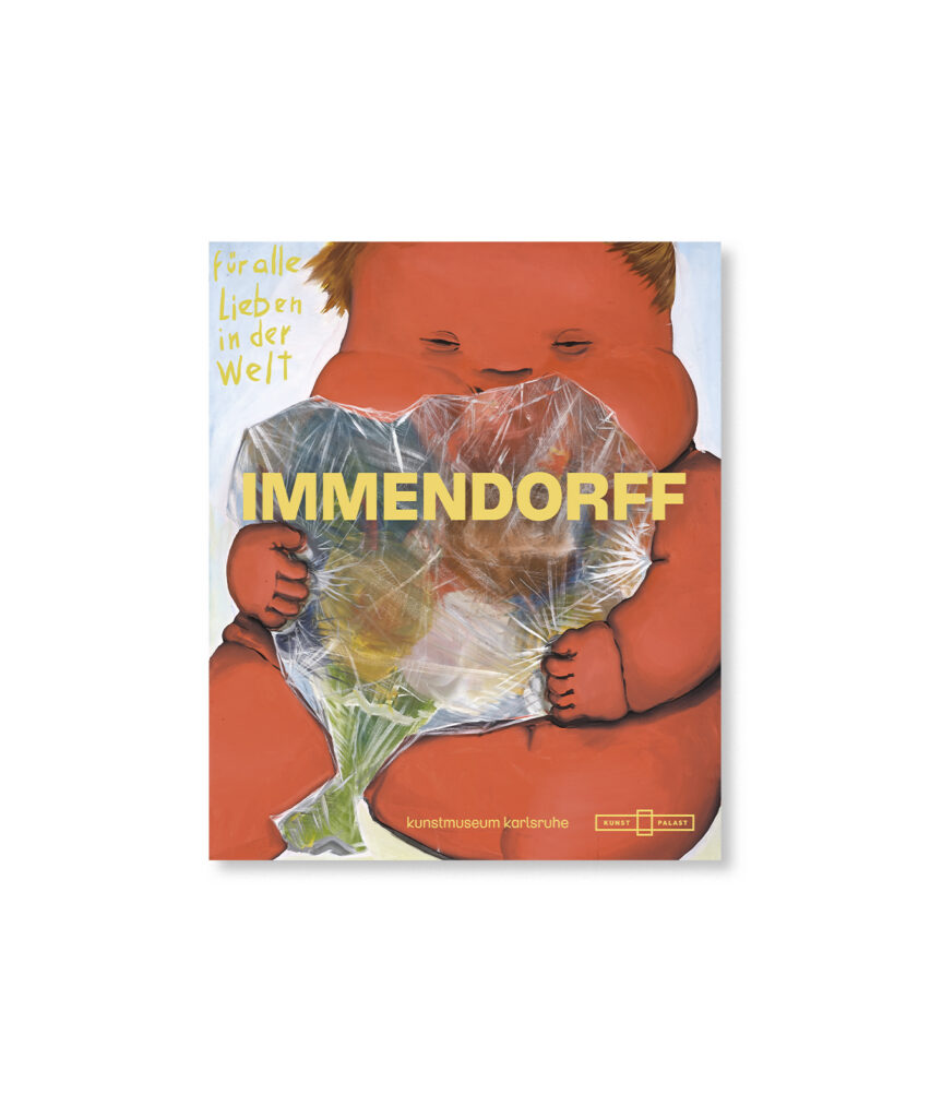Ein Gemälde, das ein Baby zeigt, das einen Blumenstrauß in der Hand hält, mit der Aufschrift „IMMENDORFF“ und einer deutschen Inschrift auf dem Einband.
